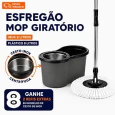 Mop Giratório 360° Esfregão Multiuso Com Centrífuga Balde Alça Cabo Reforçado Microfibra Cesto Inox 9L Ou Plástico 8L