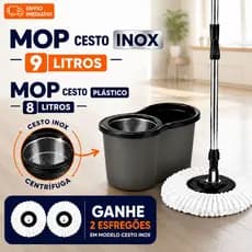 Mop Giratório 360° Esfregão Multiuso 9 litros Com Centrífuga Balde Alça Cabo Reforçado Microfibra Cesto Inox Ou Plástico
