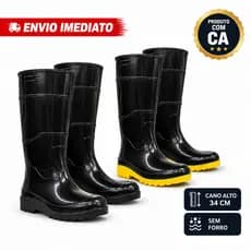Bota Galocha Pvc Preta Cano Longo Solado Amarelo Sem Forro Impermeável Antiderrapante Chuva Barro