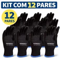 Luva Algodão Black Tricotada Pigmentada Handex Kit 12 Pares Proteção Antiderrapante Epi Pedreiro