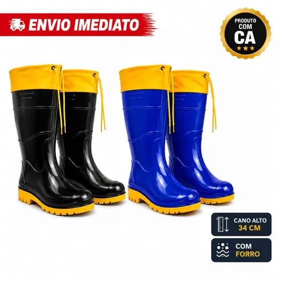 Bota Galocha Pvc Preta Ou Azul Com Polaina Amarras Impermeável Antiderrapante Masculina Feminina