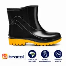 Bota Galocha PVC Bracol Cano Curto 16cm Preta Solado Amarelo Antiderrapante Impermeável  Epi