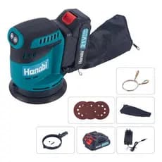 【Hanabi】Lixadeira Roto Orbital Sem Fio 960W 21V Profissional Coleta de Poeira 12 Lixas 2 Baterias Bivolt 3h de Uso