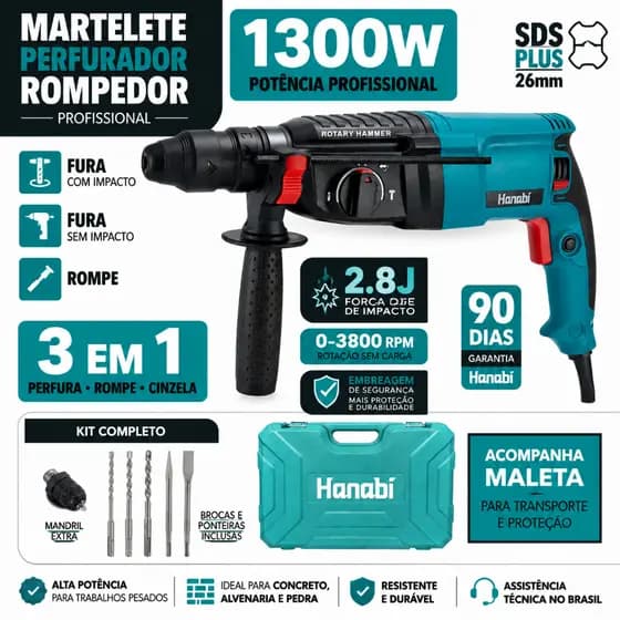 【Hanabi】Martelete Perfurador Rompedor Professional 26mm 1300w Sds