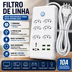 Régua Filtro de Linha com 7 Tomadas Extensão Elétrica 1 Universal 4 USB Bivolt 10A 110v/220v Cabo de 2 Metros Seguro e c