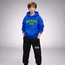 Conjunto Moletom Infantil Brasil com Capuz Estampa DTF Efeito Bordado Calça Moletom
