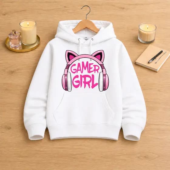 Blusa De Frio Infantil Moletom Canguru Gamer Girl Com Capuz Estampa Fone Inverno