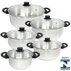 Jogo de Panelas 5 Peças Com Tampa de Vidro Kit Caçarola 16/24 Em Aluminio Polido
