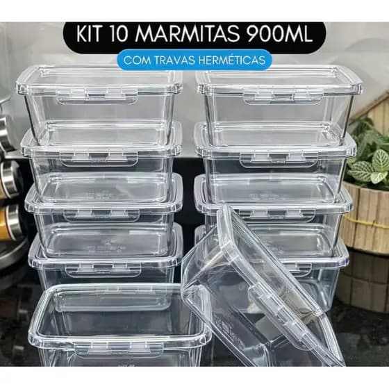 Kit 10 Potes Marmitas 900ml com Travas Laterais - Hermeticos BPA free Alimentos jogo de marmitas fit