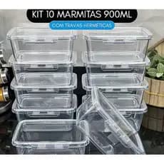 Kit 10 Potes Marmitas 900ml com Travas Laterais - Hermeticos BPA free Alimentos jogo de marmitas fit