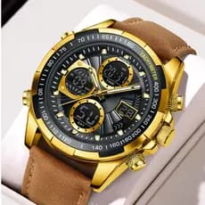 Relógio Masculino à Prova d'Água com Pulseira de Couro Esportivo e Display Duplo