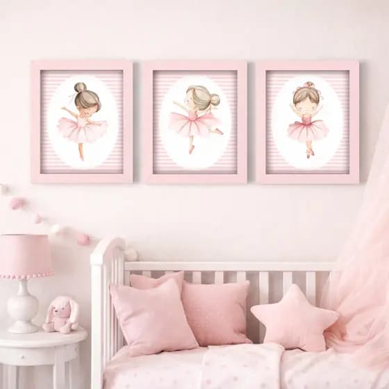 Kit 3 Quadros Decorativos Infantil Para Quartos de Menina e Menino Bailarina Unicórnio Espaço Safari