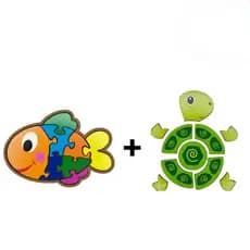 Kit 2 Quebra Cabeças Infantil Educativo MDF Tartaruga Peixe Brinquedo Pedagógico