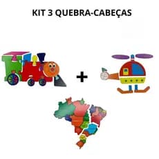 Kit 3 Quebra Cabeças Infantil Educativo MDF Trem Helicóptero Mapa do Brasil