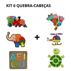 Kit 6 Quebra Cabeças Infantil Educativo MDF Trem Mapa Elefante Helicóptero Vogais Tartaruga