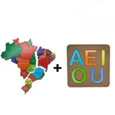 Kit Infantil Pedagógico 2 Quebra-Cabeças em MDF Mapa Do Brasil e Alfabeto
