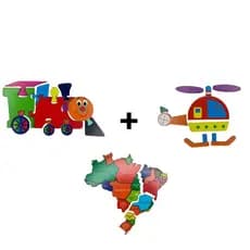 Kit 3 Quebra-Cabeças Infantil Educativo MDF Brinquedo Trem Helicóptero Mapa Do Brasil