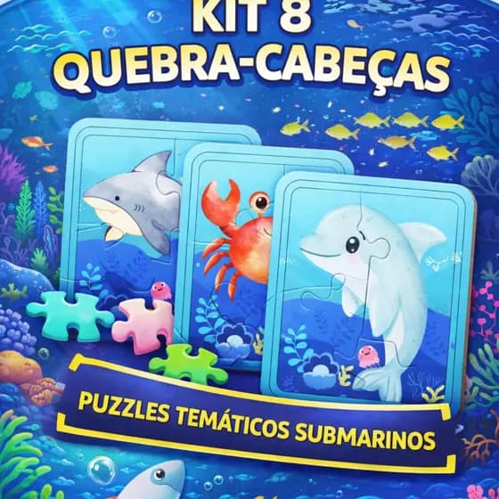 Kit 8 Quebra Cabeças Fundo Do Mar Pedagógico Infantil Educativo 4 Peças MDF
