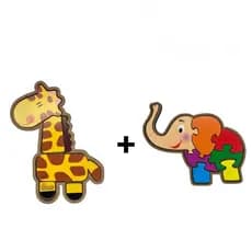 Kit 2 Quebra-Cabeças Educativo MDF Elefante e Girafa Infantil Pedagógico