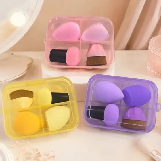 Kit Esponjas de Maquiagem 4 Peças com Pincel e Estojo Portátil