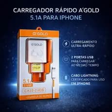 Carregador Rápido A’Gold 5.1A para iPhone com 2 USB + Cabo Lightning