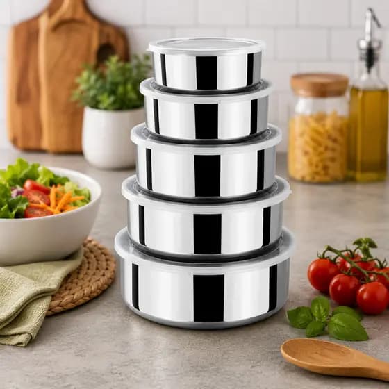 Conjunto 5 Potes Herméticos Redondos Inox Tampa Vedação Armazenamento Cozinha
