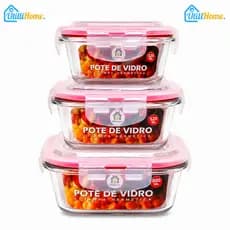 Kit 3 Potes Herméticos de Vidro Quadrados 320ml 520ml 800ml com 4 Travas e Vedação Vermelha
