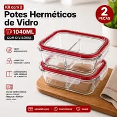 Kit 2 Potes Hermético de Vidro 1040ML com Divisória | Marmita Vidro Borossilicato, Vedação 4 Lados, Microondas e Freezer