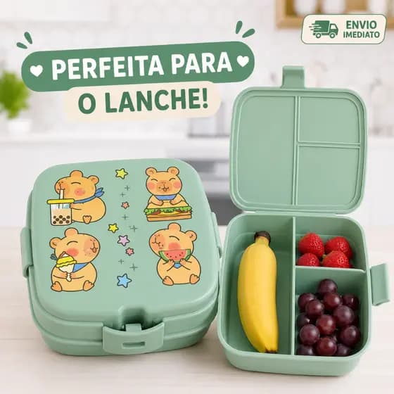 Lancheira Capivara Escolar Infantil Mochila Portátil com Divisórias Marmita Resistente BPA Free