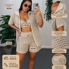 Conjunto Croche Saida de Praia Feminino Shorts e Camisa Polo Aberta Tricot Estilo Elegante