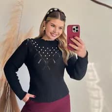Blusa Tricot Feminina Manga Longa Elegante Suéter Feminino Tricot com Pérolas Blusa Feminina Elegante para Inverno Blusa