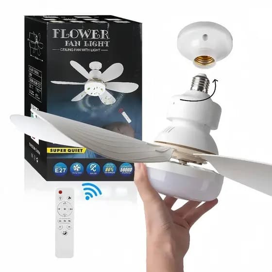 Ventilador de teto redondo ultrassilencioso, 60W, 6 pás, luz LED tricolor, controle E27, função timer, bivolt.