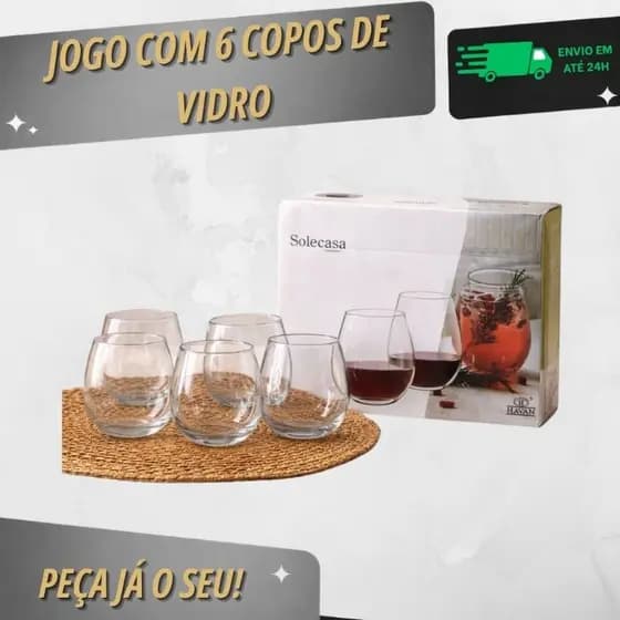 Jogo de 6 Copos de Vidro Transparente 475ml - Kit 6 Copos Para Drink Água Suco Whisky