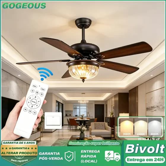 GOGEOUS 110V-220V Ventilador De Teto Com Luz Luminárias 3 Cores Quarto e Sala de Estar Economia de Energia