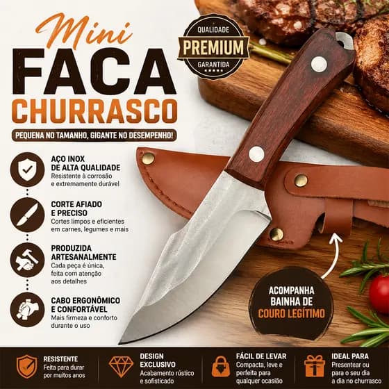 Mini Faca churrasco Artesanal Personalizada Afiada aço inoxidável Cozinha com bainha em couro legítimo