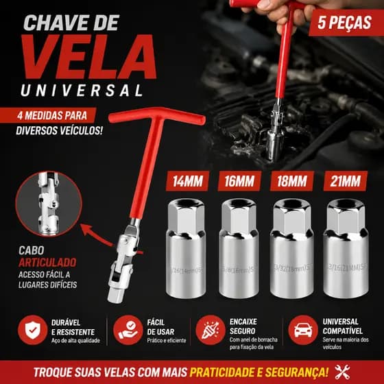 Kit 5 peças Chave De Vela Articulada 14/16/18/21mm Automotiva Veicular