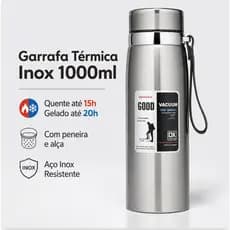 Garrafa 1000ML Inox Térmica Com Infusor Prata De Água Café Parede Dupla Com Alça