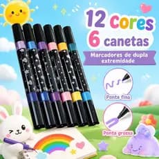 Canetinha Acrílica Ponta Dupla com Glitter Metálico para Crianças