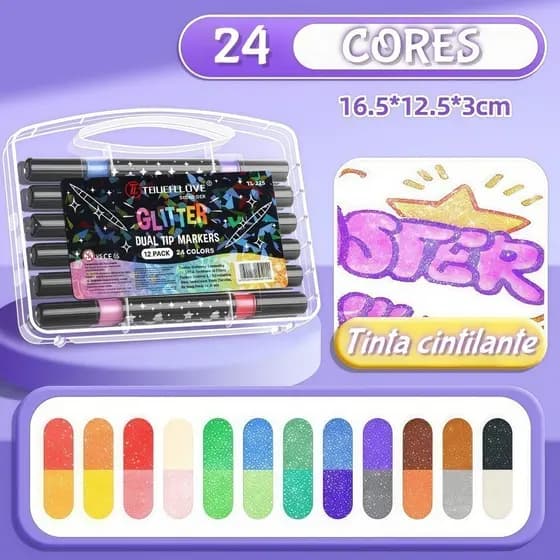 Caneta Marcadora Glitter Ponta Dupla 12/24/36/48/72/96 Cores | Arte , Escola , Planejador , Desenho