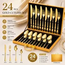 Kit Faqueiro Maleta De Talheres Inox 24 Peças Com Dourado Chique / Prata Luxo