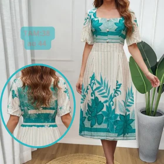Vestido Feminino Midi Gola Quadrada Moda Evangelica Cristã Elegante Casual Com Bolso