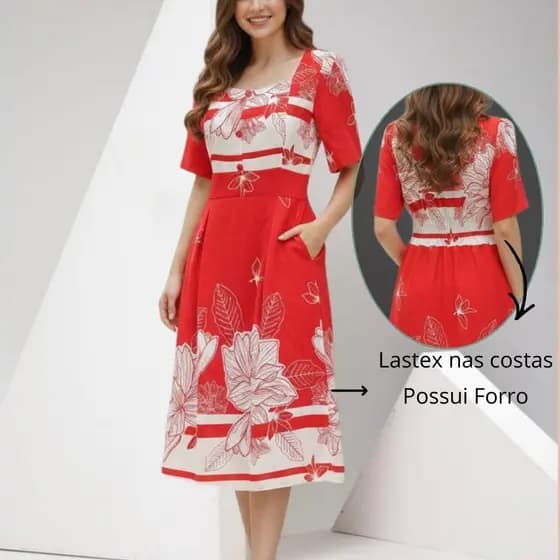 Vestido Midi Feminino Evangelico Gola Quadrada Manga curta Forrado Duna Premium