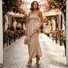 Vestido Midi com Busto em Lastex Cropped Alça com Babado Romantico Camponesa Longo Duna Leve