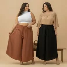 Calça Plus Size Feminina Godê Pantacourt Pantalona Larga Cintura Alta Casual Duna Festa Delicada Tamanho Grande