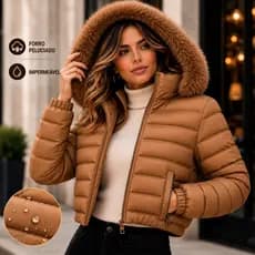 Jaqueta Feminina Cropped Puffer Impermeável Capuz Removível Peluciado Bobojaco Inverno Bolsos