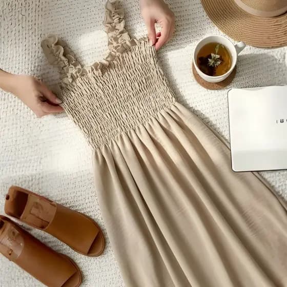 Vestido Festa e Casual com Lastex no Busto Tecido Leve Duna Midi Longo Estilo Romântico com Alças e Babados Soltinho