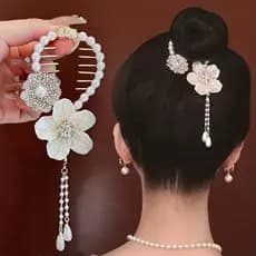 Grampo de Cabelo Luxuoso Flor Pérola para Coque Rabo de Cavalo Acessório Feminino