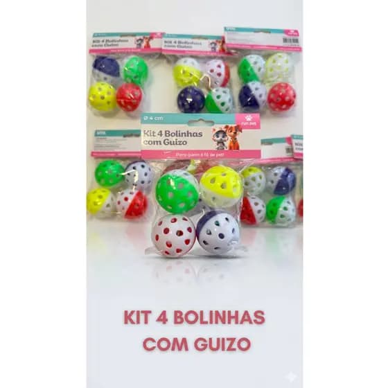Kit 4 Bolinhas com Guizo para Gatos Brinquedo Interativo Plástico Cores Variadas