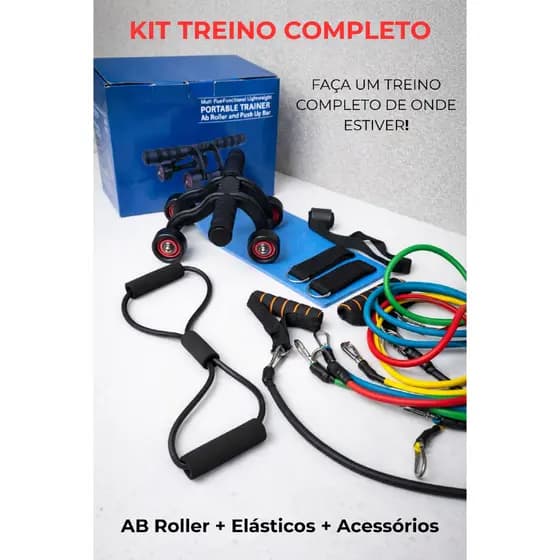Kit Treino em Casa 11 Peças Ab Roller + Elásticos Resistência Academia Portátil Fitness Exercícios Funcional Casa