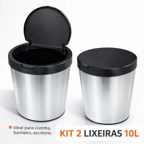 Lixeira Cesto Redondo modelo Tipo Inox 10L para Cozinha Banheiro Escritório Tampa Click Label